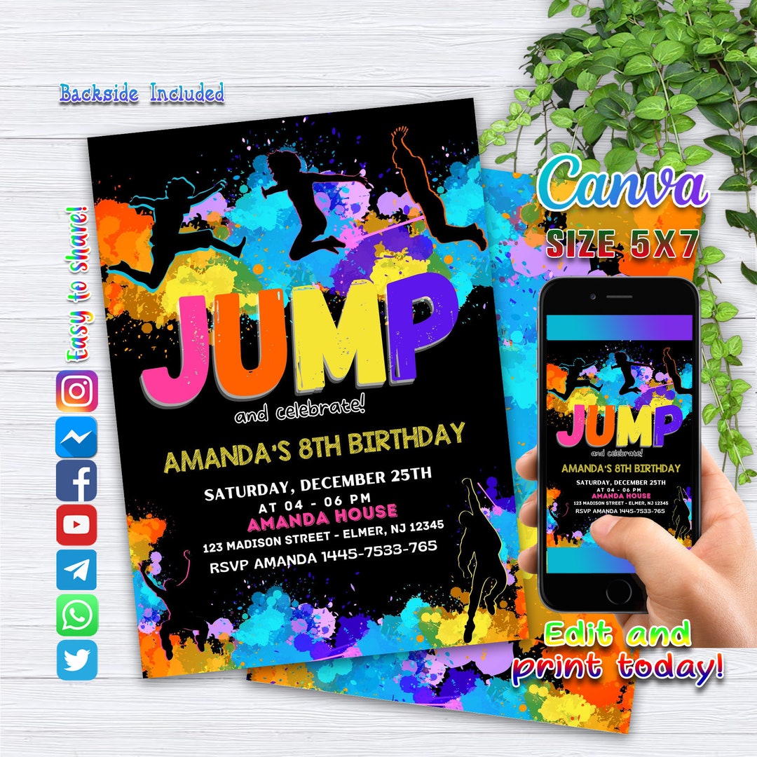 Editable Jump Birthday Invitation Tie Dye Jump Birthday Party Glow Jump ...