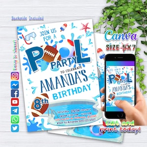 Modèle modifiable d'invitation d'anniversaire de fête de piscine de football, invitation de fête d'été de jardin de football de sports d'été, piscine de garçon Evite