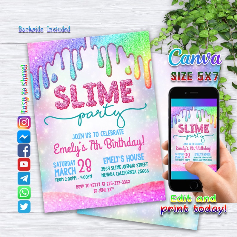 Slime Party Geburtstagseinladung, Slime Party Geburtstagseinladung, Slime Party Geburtstagseinladung, Bearbeitbare Canva Vorlage, Slime Glitter 01 Bild 1
