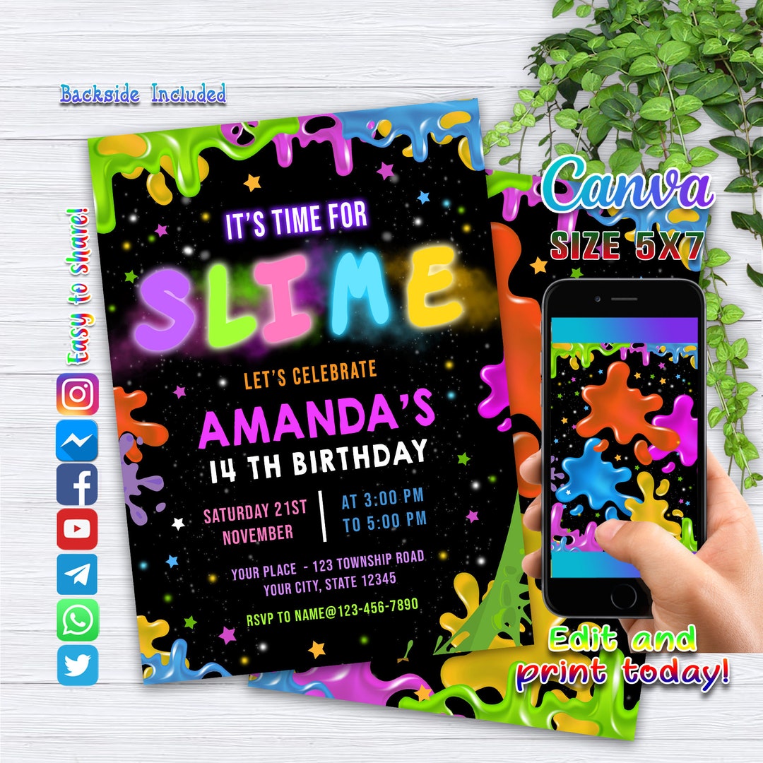 Slime Party Birthday Invitation, Printale Slime Invite, Editable Slime ...