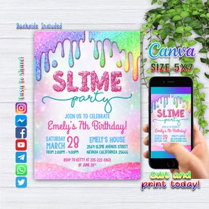 Slime Party Geburtstagseinladung, Slime Party Geburtstagseinladung, Slime Party Geburtstagseinladung, Bearbeitbare Canva Vorlage, Slime Glitter 01 Bild 2