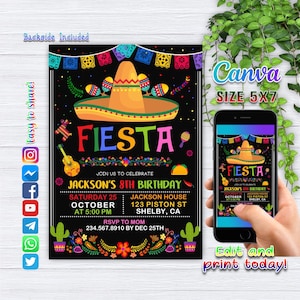 Bewerkbare Fiesta verjaardagsuitnodiging, Mexicaans themafeest uitnodigen, afdrukbare uitnodiging, cactus verjaardag, sappige Fiesta, Floral Fiesta uitnodigen