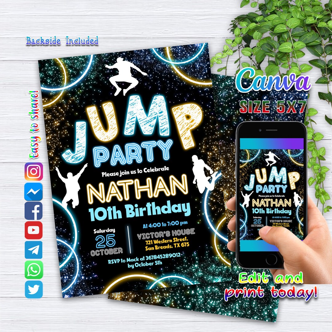 EDITABLE Jump Party Invitation, Trampoline Park Birthday Invitation ...