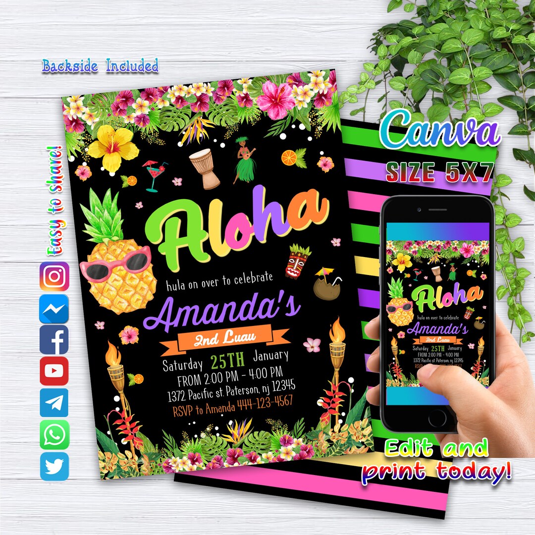 Editable Hawaiian Aloha Invitation, Aloha Birthday Invitation, Aloha