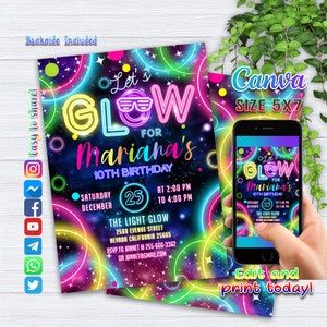 Editable Glow Party Birthday Invitation, Glow Gender Neutral Invites, Glow Party Template, Neon Party Invites Editable Glow Party Template