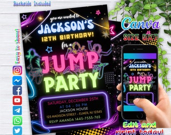 Bearbeitbare Jump Party Geburtstagseinladung, Glow Trampolin Party Neutral lädt, Hüpfburg Party, Neon Party lädt Editable Glow Party 1