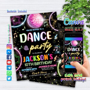 Invitation d’anniversaire à une fête de danse modifiable, invitations neutres en matière de genre Glow, modèle de fête de danse au néon, invitations à une soirée de danse lumineuse néon modifiable