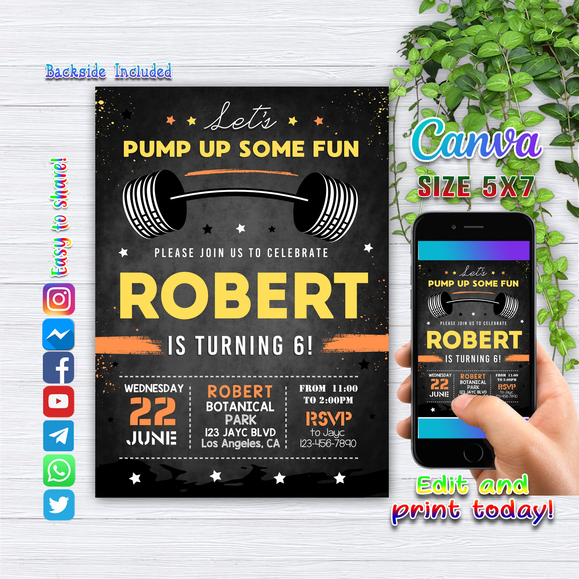 Fitness Gym Birthday Invitation, Printable Birthday Party Invitations, Digital Kids Party Invite CANVA Template Printable Personalized