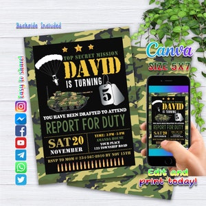 Faire-part de l'armée modifiable, faire-part d'anniversaire de l'armée, faire-part de l'armée, invitation personnalisée de fête de l'armée, invitation de soldat, armée Art6 CANVA