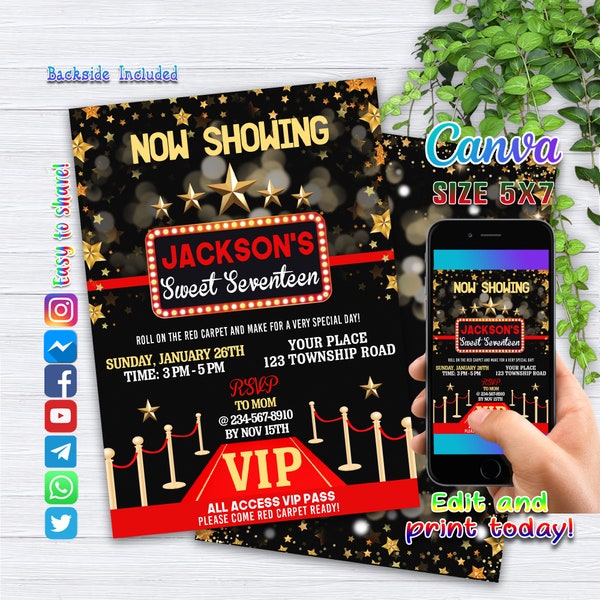 Editable Red Carpet Birthday Invitation, Red Carpet Event Hollywood Invitation, Red Carpet Party Printable, Red Carpet Hollywood ART2