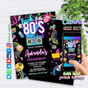 Faire-part d'anniversaire modifiable des années 80, invitation de fête des années 80, invitation des années 80, invitation de fête d'anniversaire des années 80 avec toile, Design Art12