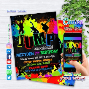 Bewerkbare verjaardagsuitnodiging springfeest, glow Trampoline party neutrale uitnodigingen, bounce house party, neon feestuitnodigingen bewerkbare Glow Party 2