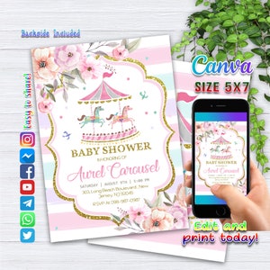 Convite para chá de bebê em carrossel, convite para chá de bebê em carrossel para impressão, rosa e dourado, modelo de convite EDITÁVEL