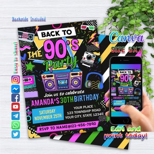 Convite editável para festa de aniversário dos anos 90 de volta aos anos 90 Festa neon brilho dança disco aniversário dos anos 2000 download instantâneo dos anos 90