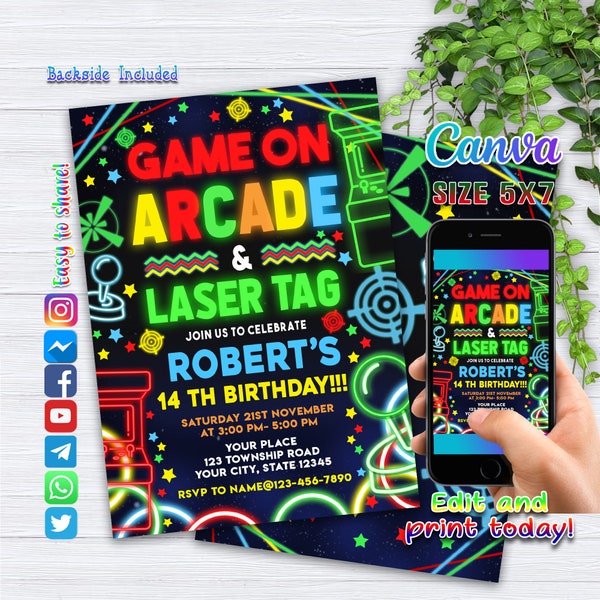 Boy Arcade and Laser Tag Birthday Party Invitation Printable Neon Glow in the Dark Invite Boys Digital Instant Download Editable Template