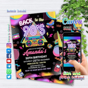 90er Geburtstagseinladung zurück in die 90er Neon Party Glow Tanz Disco 2000er Geburtstag 90er Jahre sofort download, Design Art16