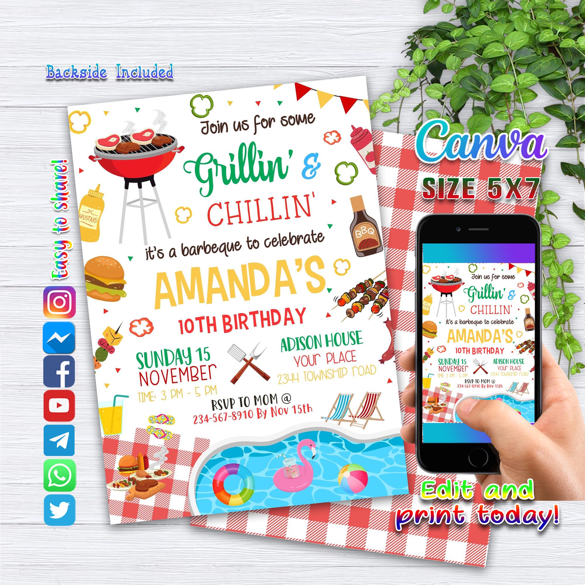 Editable Pool Party and BBQ invitation, Summer Party Invite, Pool Party Invite, BBQ Pool Cookout Party, Instant Download
