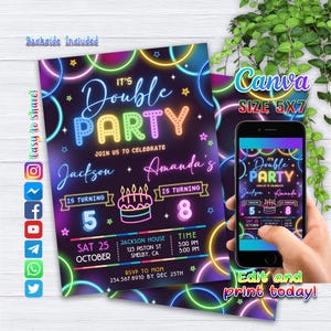 Convite de aniversário duplo para meninos, convite de aniversário conjunto neon, convite para irmãos, Canva editável