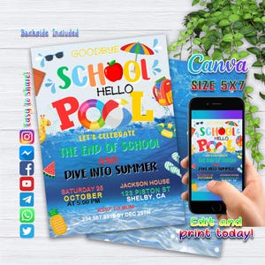 Convite editável para festa de fim de aula Schools Out Party, baixe convite de verão com CANVA