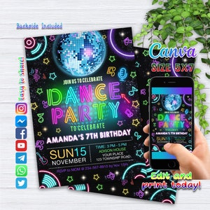 Faire-part de danse modifiable, invitation disco, anniversaire de danse, anniversaire disco, soirée dansante, soirée disco, invitation d'anniversaire, danse néon, Art4