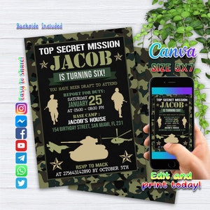 EDITABLE Army Invitation, Soldier Birthday Invitation, 5x7 Editable Canva Template, Army Invitation, Soldier Invitation, Army 03