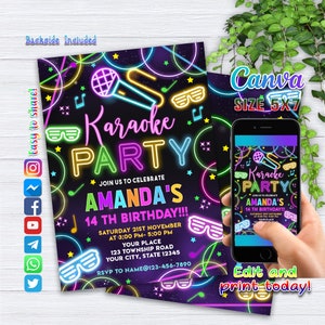 Invito modificabile per una festa di compleanno con karaoke. Festa di compleanno con karaoke. Festa di compleanno con musica cantata con CANVA