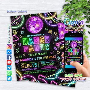 Bewerkbare dansfeest verjaardagsuitnodiging, gloed genderneutrale uitnodigingen, neon dansfeest sjabloon, gloed dansfeest nodigt bewerkbare neon uit