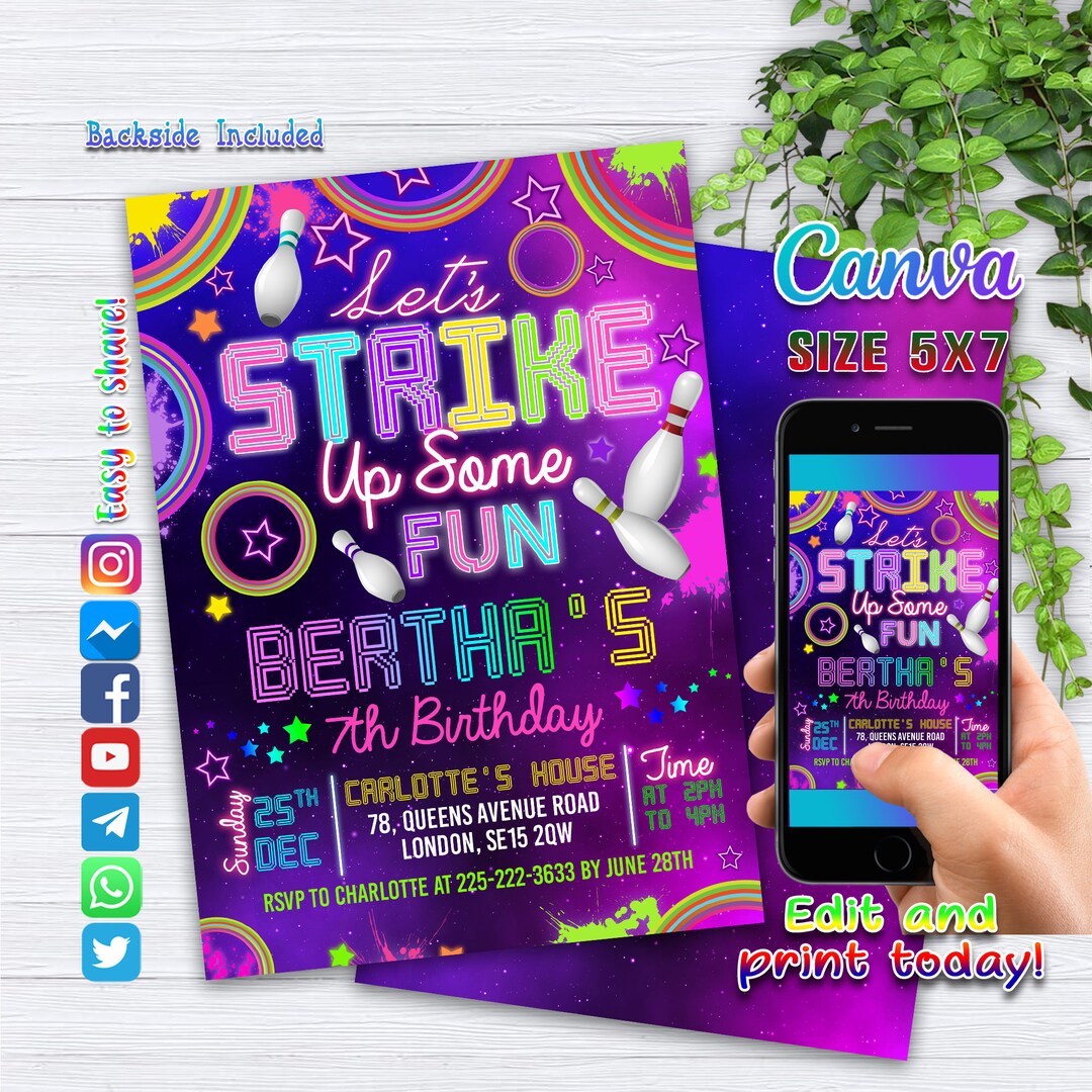 Editable Bowling Birthday Invitation, Glow Bowling Invitation, Bowling