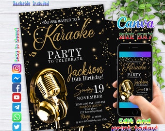 Karaoke-Party-Einladungen, Karaoke-Geburtstags-Party, Gesang-Party einladen, Karaoke Evite, Canva bearbeitbar und druckbar, Sofort-Download, Art4