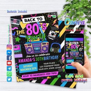 Invito modificabile alla festa di compleanno degli anni '80, Ritorno agli anni '80, Festa al neon, Glow Dance, Festa di ritorno al passato, Compleanno degli anni 2000, Tutto il testo è modificabile