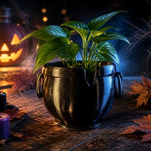 May include: A black cauldron-shaped pot with a green plant inside, set on a wooden surface. Lit candles and a carved pumpkin lantern create a Halloween theme. Brown leaves and a dark background complete the spooky scene.