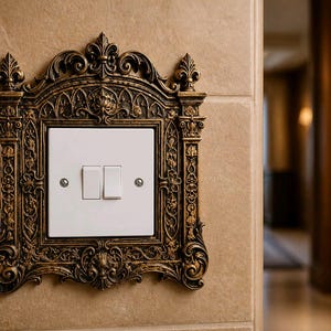 Könnte beinhalten: Dekorative Lichtschalterabdeckung im antiken Stil mit einem bronzefarbenen Rahmen. Der Rahmen umgibt eine weiße Schalterplatte mit zwei Kippschaltern. Der Schalter ist an einer beigefarbenen gefliesten Wand montiert.