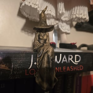 Puede incluir: Una figura de color bronce de un personaje sentado que lleva un sombrero puntiagudo y una t&uacute;nica larga y fluida. La figura est&aacute; colocada en el borde de un libro negro con el texto J. WARD LOVER UNLEASHED impreso en blanco y rojo en el lomo.