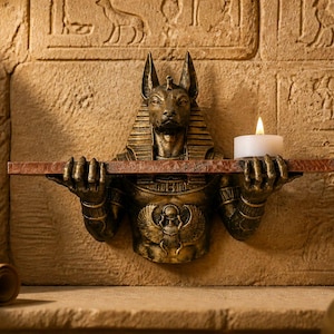 May include: A golden Anubis statue holds a shelf with a lit candle. The statue is set against a stone wall with hieroglyphs. The shelf is made of a reddish-brown material. The statue has a detailed design.