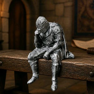 Może przedstawiać: Szczegółowa, srebrna figurka rycerza w pełnej zbroi, siedzącego w zamyślonej pozie. Rycerz siedzi na rustykalnym drewnianym stole. Tło przedstawia kamienną ścianę i ciepłe światło otoczenia.
