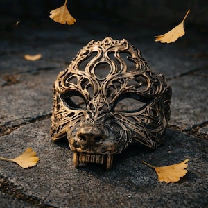 May include: A detailed, antique-style mask with a wolf-like design. The mask is primarily gold with intricate openwork patterns and dark accents. The mask is resting on a stone surface with yellow leaves scattered around it.
