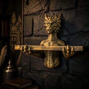 Könnte beinhalten: Ein Wandregal in Form einer goldenen Drachenbüste mit detaillierten Schuppen und Hörnern. Die krallenartigen Hände des Drachen ragen nach vorne und halten ein horizontales, rechteckiges Regalbrett, was ein funktionales Objekt mit Metallic-Finish ergibt.