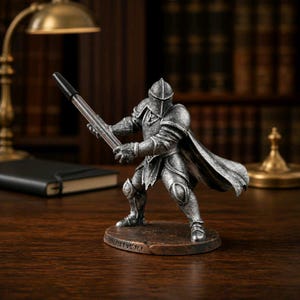 May include: A silver-colored knight figurine holding a pen, posed as if wielding a sword. The knight is detailed with armor and a cape, standing on a brown base. The pen is black and clear. The background includes a desk, lamp, and bookshelf.