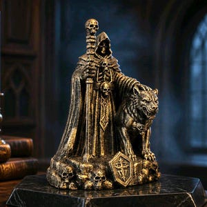 May include: A gold and black resin figurine depicting a hooded skeletal figure in robes holding a staff topped with a skull, accompanied by a large wolf-like creature. The base features multiple skulls and a shield emblem on a hexagonal platform.