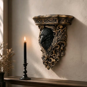 May include: A decorative wall shelf with a sculpted raven's head. The raven is black, set within gold-coloured ornate detailing. The shelf has a decorative top and is mounted on a neutral wall. A black candle holder with a lit candle is in the foreground.