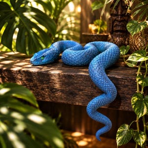 May include: A vibrant blue snake figurine with a textured, scale-like surface and piercing green eyes. The snake is coiled in a serpentine position, with its head resting on a flat surface and its tail curving downward over the edge.