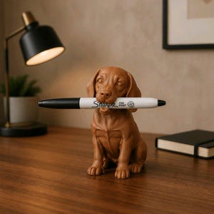 Könnte beinhalten: Eine braune, skulptierte Hundefigur in aufrechter Sitzposition, die einen weißen und schwarzen Sharpie Fine Point Marker horizontal im Maul hält. Der Hund weist detaillierte Gesichtszüge auf, einschließlich Schlappohren und Fellstruktur.