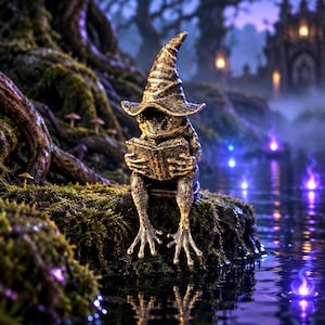 May include: A bronze-toned frog figurine wearing a pointed wizard hat and sitting on a mossy ledge while holding an open book. The frog has textured skin and long, webbed feet, with its gaze directed downward toward the pages of the small book.