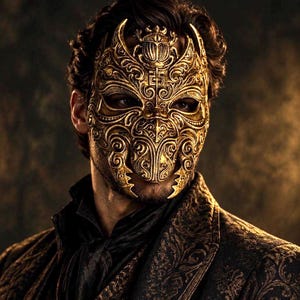 Peut inclure: Un masque en métal doré orné de volutes en filigrane complexes et d'un emblème de scarabée proéminent sur le front. Le masque couvre le haut du visage, présentant des motifs symétriques, des bords incurvés et une finition texturée dorée.