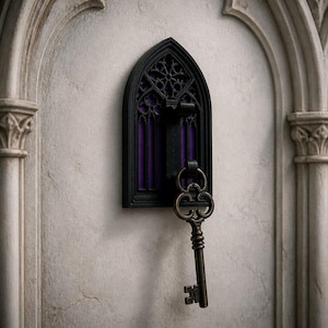Peut inclure: Un crochet mural noir en forme de fenêtre gothique à arc pointu avec des détails complexes et un fond violet. Une clé ancienne en métal est suspendue au crochet central, présentant un anneau décoratif et un panneton cranté à l'extrémité.