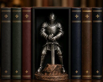 Cantinho de leitura com cavaleiro em pé, ornamento gótico para estante de livros.