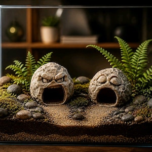 Op de afbeelding: Een terrarium met twee steenachtige structuren met open monden, omringd door kleine stenen, mos en varens. De structuren hebben gebeeldhouwde gezichten, wat een unieke en decoratieve weergave creëert. De glazen behuizing staat op een houten oppervlak.