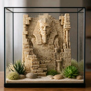 May include: A decorative terrarium featuring a detailed beige sculpture of an Egyptian pharaoh's bust and architectural elements. The miniature landscape includes sand, small rocks, and succulents, all enclosed in a glass display case.