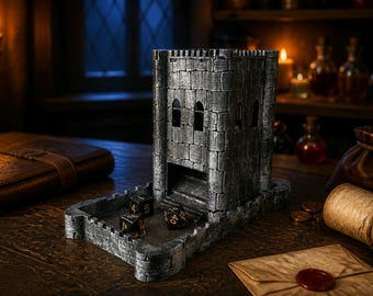 Puede incluir: Una torre de dados con textura de piedra gris, parte superior almenada y base rectangular. La torre cuenta con una abertura central en la parte inferior para que los dados salgan a la bandeja. Tres dados poliédricos negros con números dorados.