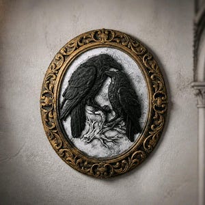 Può includere: Una placca da parete ovale con una scultura in rilievo di due corvi neri appollaiati su un ramo. Gli uccelli sono posti su uno sfondo argentato testurizzato e racchiusi in una cornice dorata antica ornata con dettagli a volute.